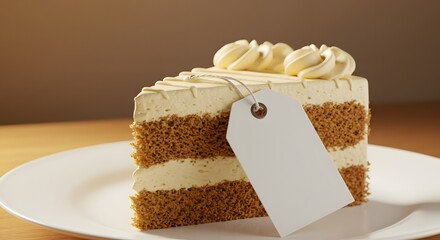 Close-up of cake slice with blank tag for flavor or logo, shallow depth of field, natural lighting