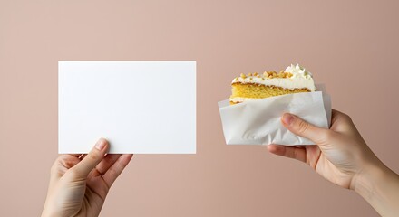 Hand holding a cake slice in branded wrapping paper with blank logo area, social media branding concept