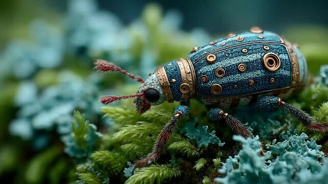 Detailed Close-Up of a Blue Weevil on Vibrant Green Moss, A Naturalistic Macro Image