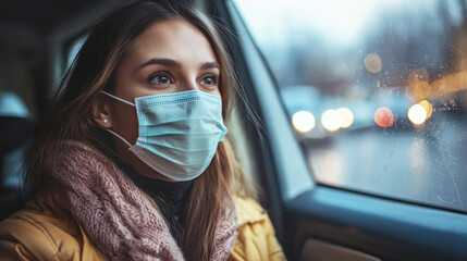 A woman wearing a face mask looks out the window of a car, with a blurred cityscape visible through the window.