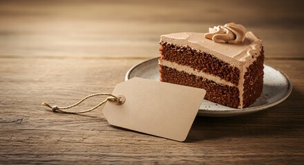 Cake slice on table with a blank kraft paper tag and ribbon, packaging mockup with rustic charm