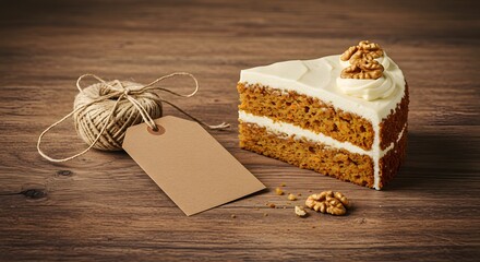 Cake slice on table with a blank kraft paper tag and ribbon, packaging mockup with rustic charm