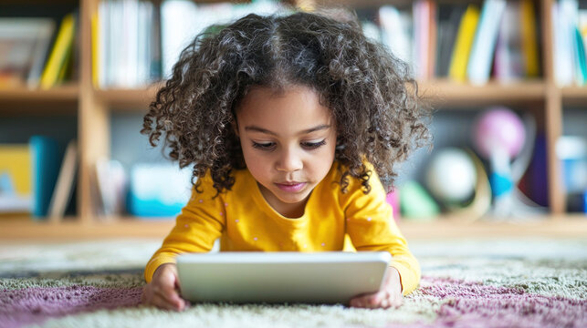 A young girl with curly hair wearing a yellow shirt is lying on a purple rug, engrossed in using a tablet.