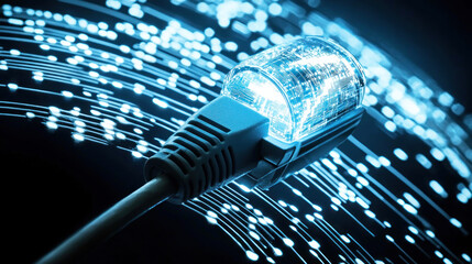 A glowing light bulb with a blue glow, emitting a bright white light, against a dark background with a network of lines and dots.