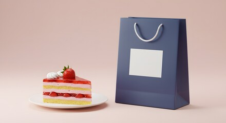Cake slice beside branded gift bag with blank label, festive dessert mockup for marketing visuals