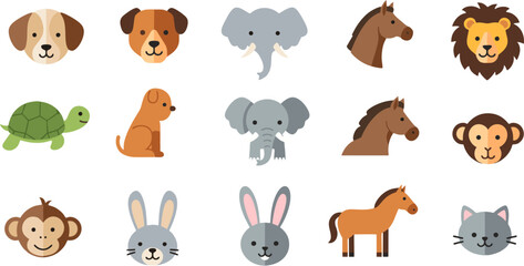 Fototapeta premium Cute Flat Animal Icon Set – Forest, Pet, and Wild Animals