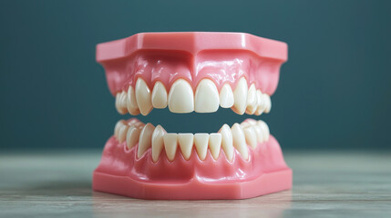 Obraz premium A pink plastic model of a human jaw with teeth, placed on a wooden table against a blue background.