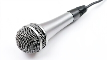 A microphone with a black cord on a white background.
