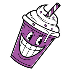 Purple Cartoon Milkshake Cup with Whipped Cream Smiling