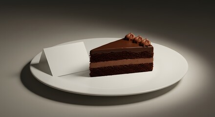 Elegant dessert plate with cake slice and blank place card, styled for upscale restaurant branding