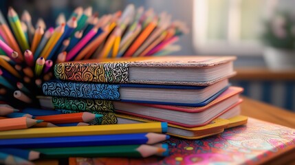 Obraz premium A pile of books surrounded by pens and pencils, A textbook surrounded by various school supplies