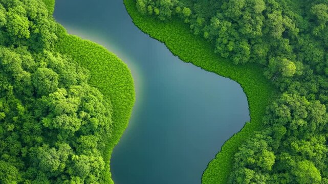 Emerald River Serenity: An aerial panorama captures a sinuous river meandering through verdant forests, celebrating the untouched beauty of nature's canvas. The waters are clean and reflective.