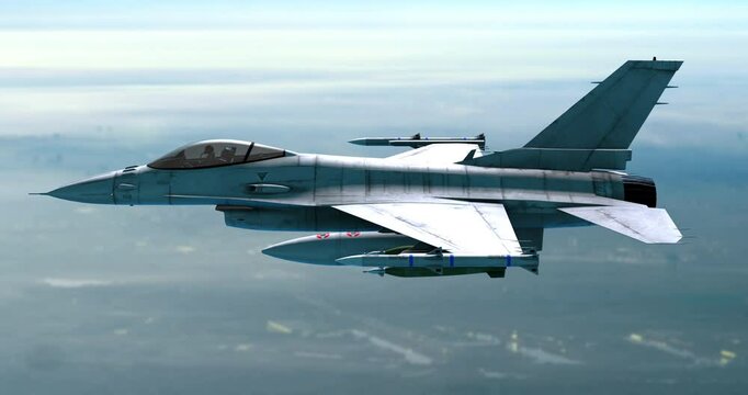 High-Speed Fighter Aircraft Gliding Through Thin Air Over A City. War And Air Force Related 4K 3D Animation.