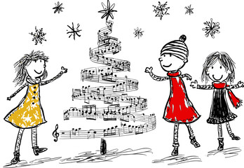 Whimsical illustration of kids and a Christmas tree made of musical notes. Vector illustration on white