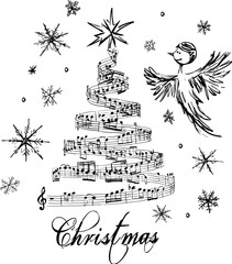 Hand-drawn illustration of a bird-like angel with a Christmas tree made of musical notes. Vector illustration on white