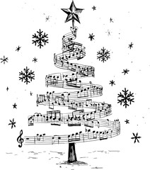 Black and white hand-drawn illustration of a Christmas tree made of music notes. Vector illustration on white