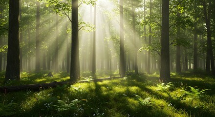 Fototapeta premium Lush green forest with sunbeams filtering through tall trees, natural beauty, stock photo style
