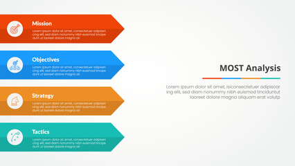 MOST analysis infographic concept for slide presentation with rectangle arrow on left side with 4 point list with flat style