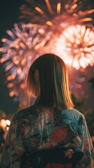花火の背景と美女のポートレート