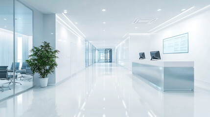 A modern, clean office hallway with glass walls, white walls, and a white reception desk.