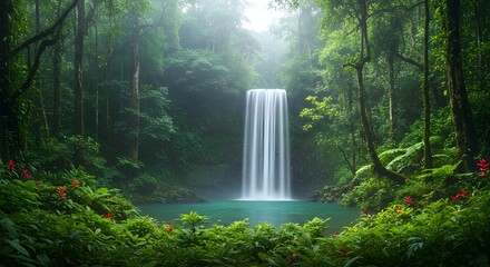 Tropical rainforest with dense foliage and waterfall, humid and lush nature view