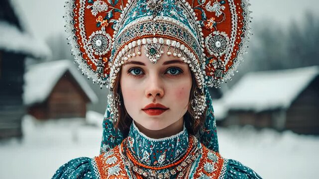 Young woman in stunning traditional Russian kokoshnik headdress, winter setting