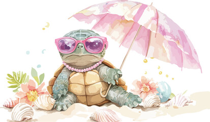 Funny green cartoon frog character with a red umbrella for children