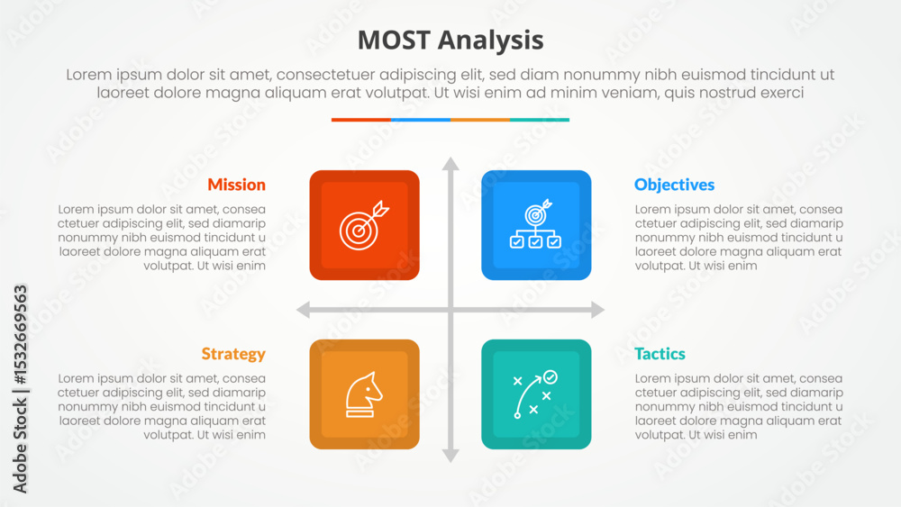 Poster most analysis infographic concept for slide presentation with square box matrix structure with 4 poi