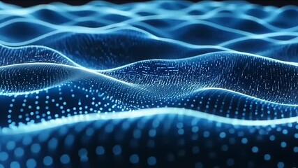 Abstract Blue Digital Waveform: A mesmerizing digital art piece showcasing a dynamic blue waveform, simulating a serene and flowing ocean of data. The image features a seamless blend of technology - Powered by Adobe