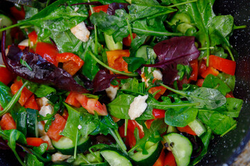 Fresh and Colorful Vegetable Salad with Greens, Tomatoes, Cucumbers and Red Bell Peppers, Perfect for a Healthy Meal or Snack, Full of Nutrients and Flavor