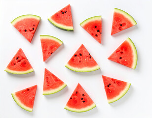 Sliced watermelon wedges arranged on a clean white surface, top-down view