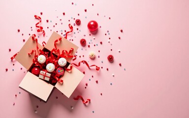Festive Pink Gift Box with Cupcakes and Red Ribbons