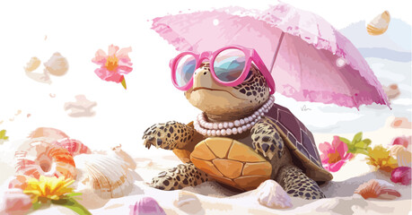 Easter bunny with eggs on a beach with seashells and ocean