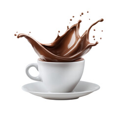 A chocolate splashing from a white ceramic cup on transparent background
