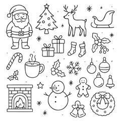 Christmas Doodle Vector Illustration – Hand-Drawn Black and White Festive Design with Holiday Elements