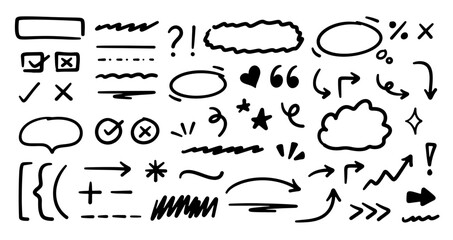 Hand drawn arrows doodles vector. Set of hand drawn arrows scribble doodles, lines, pointers, rectangle, circles, check box, dividers, stars, heart, quotations etc