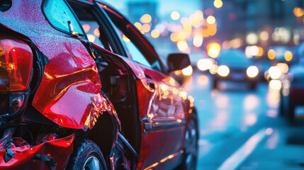A red car with visible damage on the side, parked on a city street with blurred lights in the background.