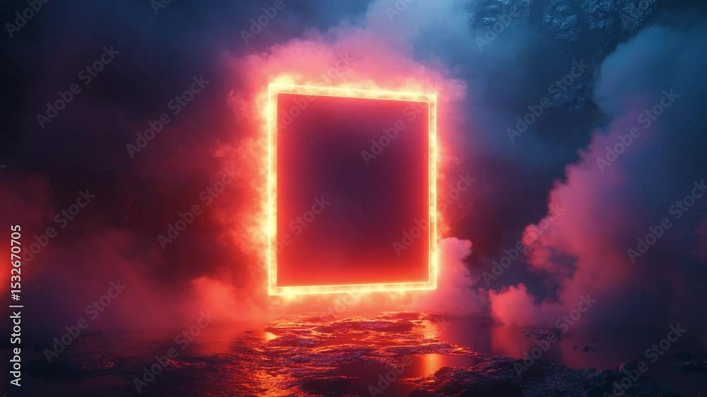 Poster Fiery Portal in a Misty Realm: An enigmatic square portal blazes with intense light amidst a swirling atmosphere of dark clouds and ethereal mist, hinting at a gateway to another dimension.