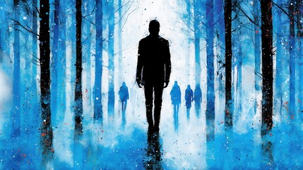 A figure walks through a misty, blue forest surrounded by silhouettes.