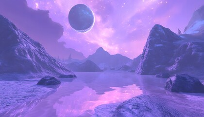 Obraz premium A serene, purple-toned landscape with icy mountains and a reflective lake.