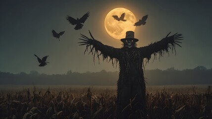 Scarecrow with Outstretched Arms Under Full Moon and Flying Crows in Dark Field