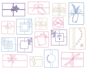 Set of gift box doodle collection for sale shopping concept, birthday, party, christmas and happy new year. Hand drawn design.
