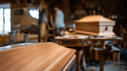 Coffins in a workshop with blurred person in background.