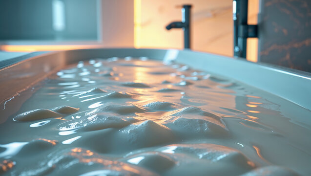 Creamy foam covering relaxing bath water in modern bathroom