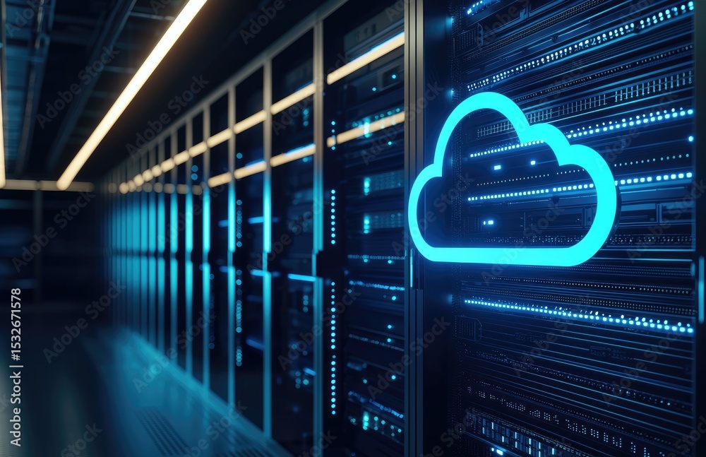 Poster bright neon blue cloud icon on high-tech server racks in a sleek, illuminated hallway, ideal for ill