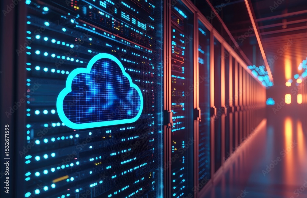 Aufkleber Glowing grid-style blue cloud icon on high-tech server racks with orange and blue hallway lighting, representing cloud computing, data storage, and futuristic IT networks