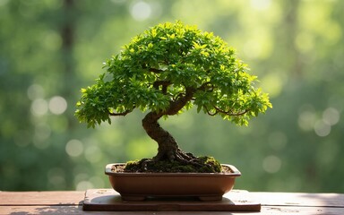 Serene Bonsai Tree in Sunlit Garden Setting
