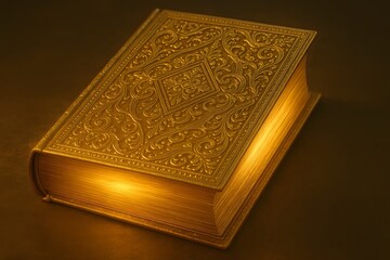 Fototapeta premium Ornate vintage book with golden embossed cover on dark background
