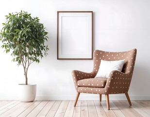 modern living room with sofa, armchair and a frame on background wall and plant in the room.