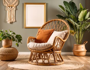 modern living room with sofa, armchair and a frame on background wall and plant in the room.